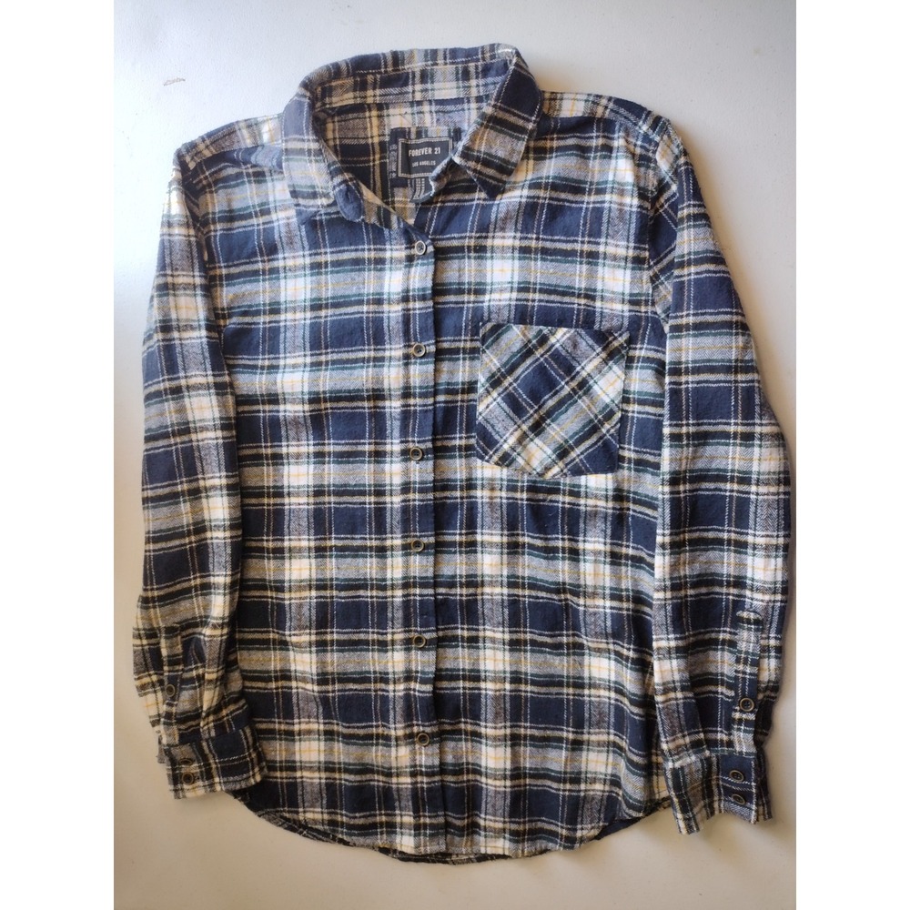 Forever 21 Plaid Flannel Shirt Women's Size M Blue Green White Casual Top